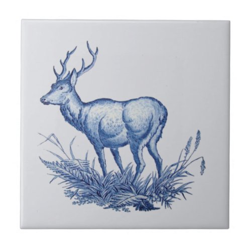 Repro 1876 Wedgwood Buck Deer wAntlers Tile Blue
