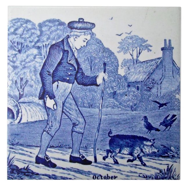 Repro 1879 Wedgwood Blue Calendar Series October Ceramic Tile (Front)