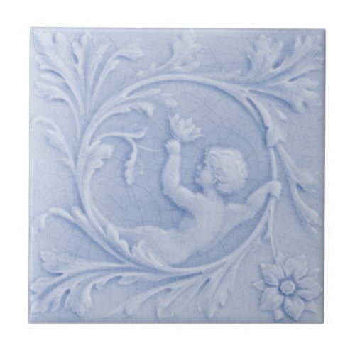 Repro 1880 Minton Faux Relief Cherub Light Blue Ceramic Tile