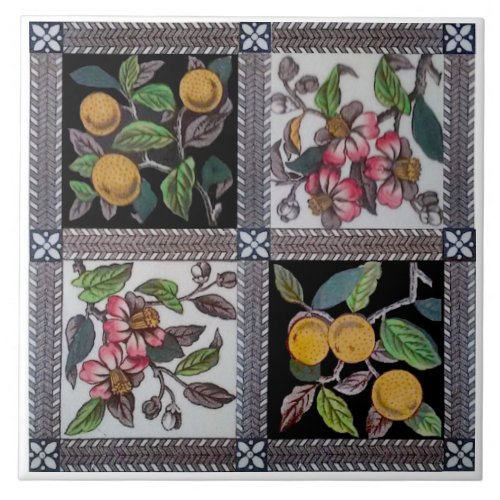 Repro 1880s Colorful Blossoms  Fruit Transferware Ceramic Tile