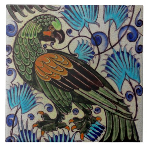 Repro 1880s Colorful William De Morgan Parrot Ceramic Tile