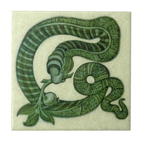 Repro 1880s De Morgan Green Snake with Apple Ceramic Tile