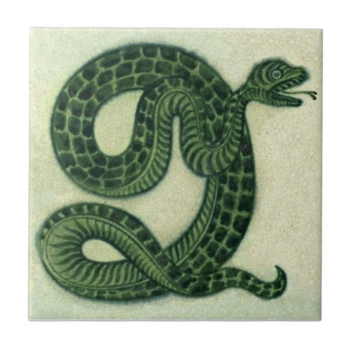 Repro 1880s De Morgan Handpainted Green Snake Ceramic Tile