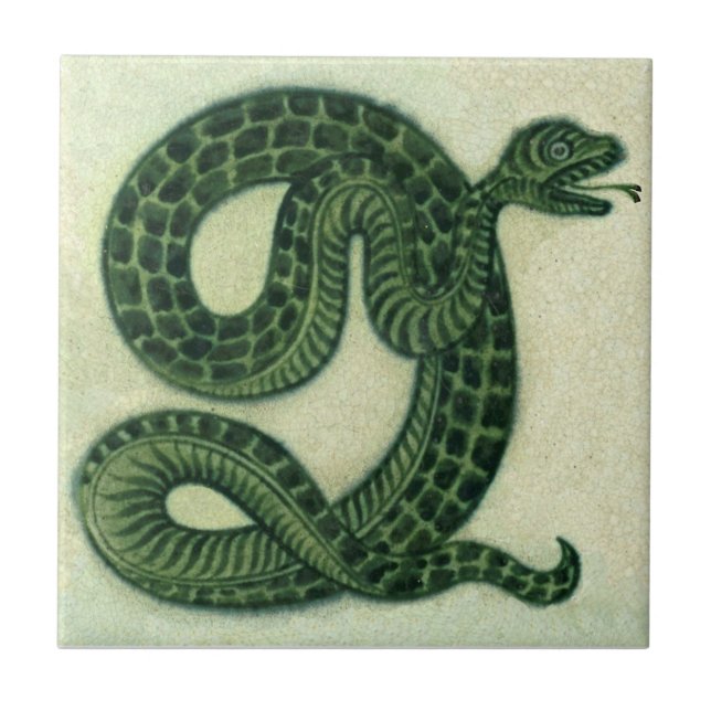 Repro 1880s De Morgan Handpainted Green Snake Ceramic Tile (Front)