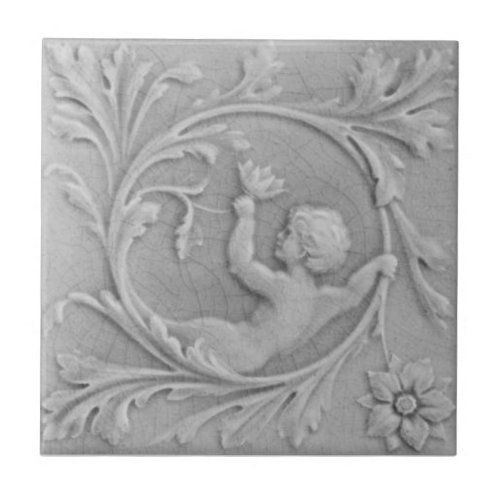 Repro 1880s Minton Faux Relief Putti Gray Marble Ceramic Tile