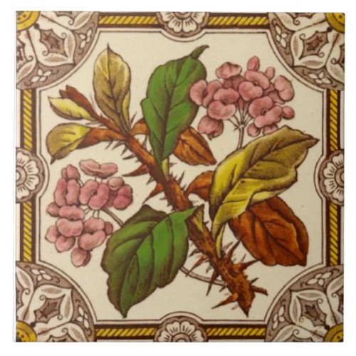 Repro 1880s Wild Rose Hand Colored Transferware Ceramic Tile