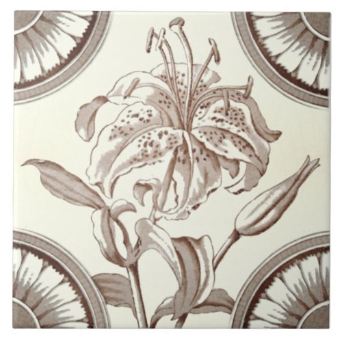 Repro 1885 Victorian Sepia Lily Transferware Ceramic Tile