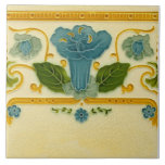 Repro 1900 Pilkington Straight Border Art Nouveau Ceramic Tile<br><div class="desc">Reproduced from a 1900 antique molded tile by Pilkington, this tile design of blue flowers against a cream background with golden yellow trim also has a matching corner tile, available separately. Note that although the original has raised features, this tile only looks dimensional and is actually a smooth, flat tile....</div>