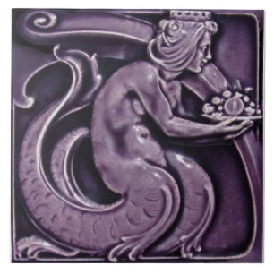 Repro 1900 Villeroy+Boch Purple Majolica Mermaid Ceramic Tile