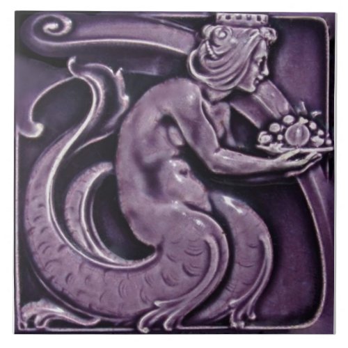 Repro 1900 VilleroyBoch Purple Majolica Mermaid Ceramic Tile