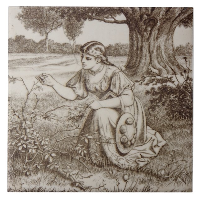 Repro Antique 1880s Minton Sepia Country Life Ceramic Tile (Front)