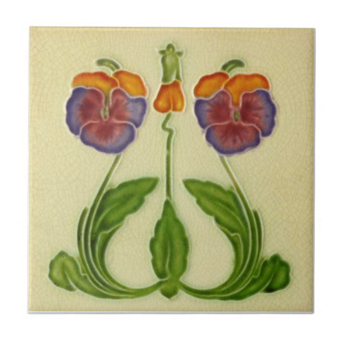 Repro Antique Art Nouveau Floral Pansies Ceramic Tile