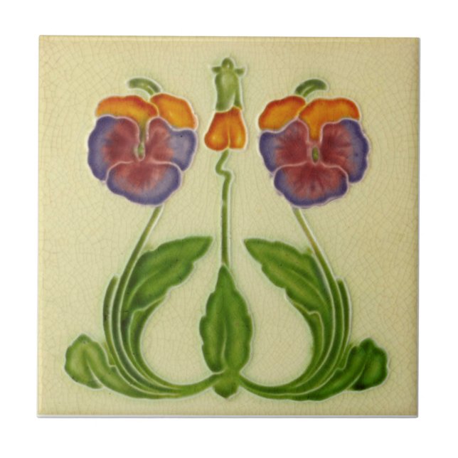 Repro Antique Art Nouveau Floral Pansies Ceramic Tile (Front)