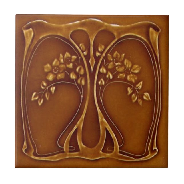 Repro Antique Art Nouveau Tree of Life Terracotta Ceramic Tile (Front)