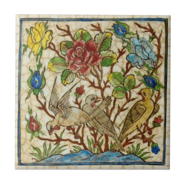 Repro Antique Birds Roses Hand Painted Persian Ceramic Tile (Front)