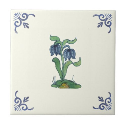 Repro Antique Blue Tulips Handpainted Delft Ceramic Tile