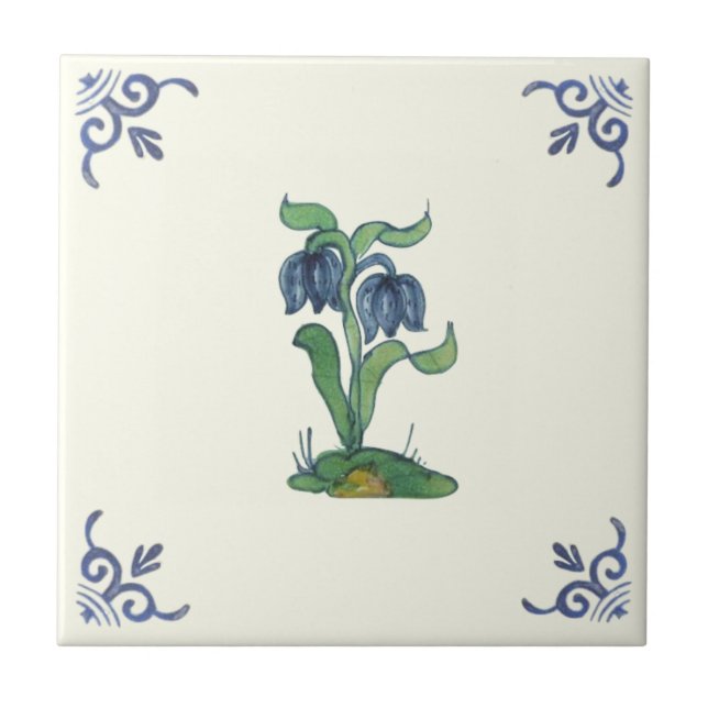 Repro Antique Blue Tulips Handpainted Delft Ceramic Tile (Front)