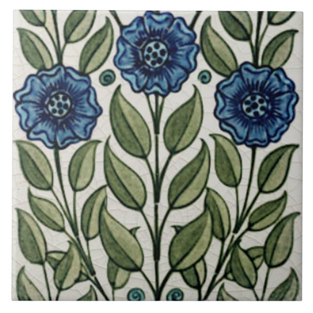Repro Antique De Morgan Blue Green Floral Ceramic Tile (Front)