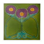 Repro Antique Marsden Art Nouveau Purple Floral Ceramic Tile<br><div class="desc">Reproduction of a circa 1900 tile by Marsden. Three stylized art noveau flowers in a red violet purple with pumpkin shaded centers and turquoise flourishes on green.</div>