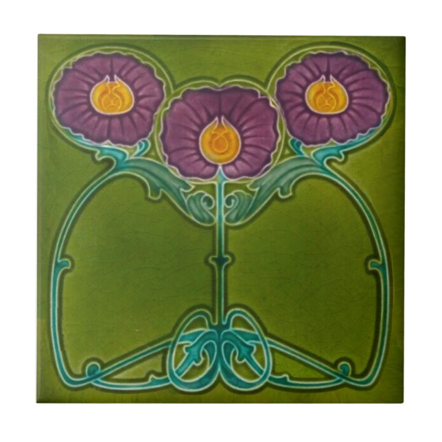 Repro Antique Marsden Art Nouveau Purple Floral Ceramic Tile (Front)
