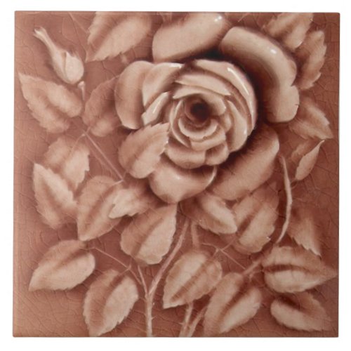 Repro Antique Mauve Majolica Rose Faux Relief Ceramic Tile