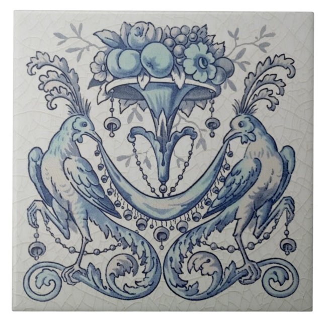 Repro Antique Minton Hollins Birds Fruit Blue Ceramic Tile (Front)