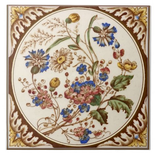 Repro Antique Multicolor Floral Hand Colored Ceramic Tile