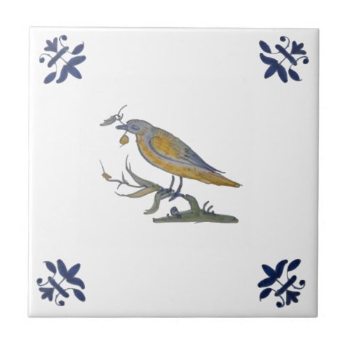 Repro Antique Painted Bird on Branch White Multi  Ceramic Tile