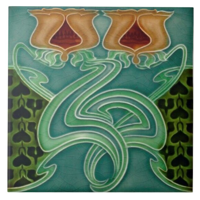 Repro Antique Richards Art Nouveau Floral Majolica Ceramic Tile (Front)