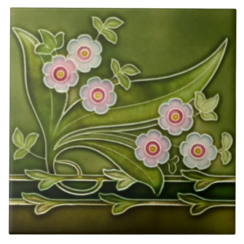 Repro Antique Tubelined Pink Floral Green Border Ceramic Tile