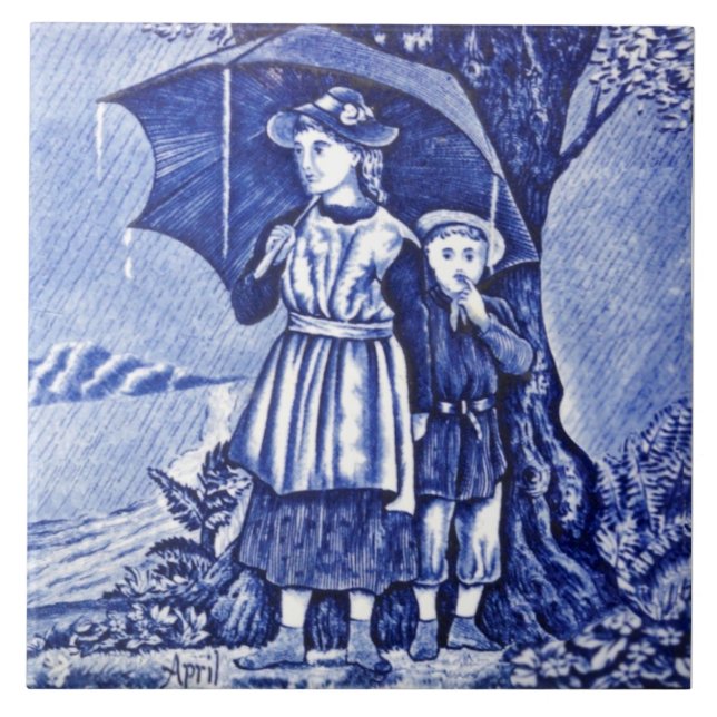Repro Antique Wedgwood Blue Calendar Series April Ceramic Tile (Front)