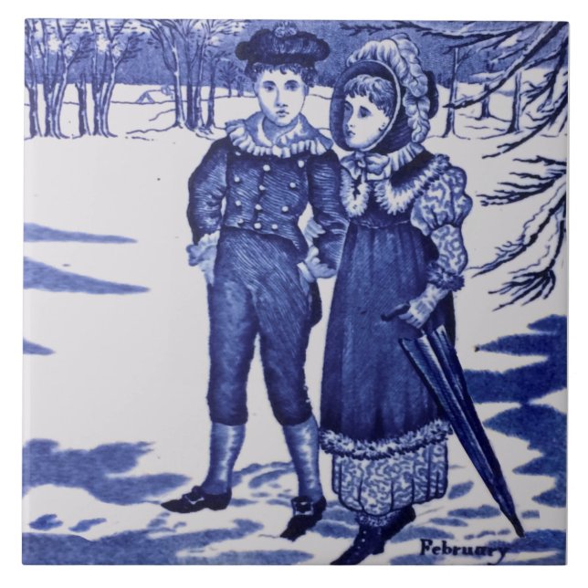 Repro Antique Wedgwood Blue "February" Figural Ceramic Tile (Front)