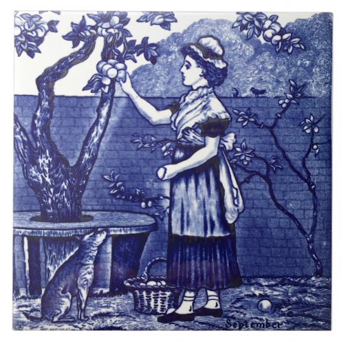 Repro Antique Wedgwood Blue September Figural Ceramic Tile