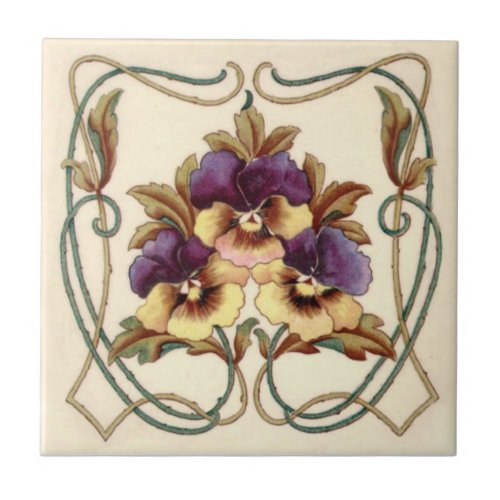 Repro Art Nouveau Hand Colored Pansies Printed Ceramic Tile