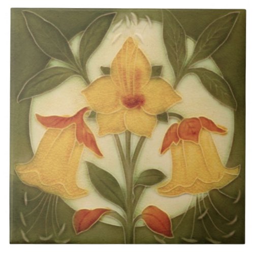 Repro Art Nouveau Tubelined Daffodil Trio Ceramic Tile