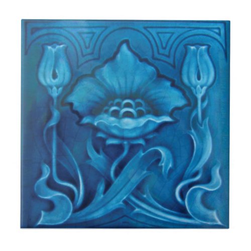 Repro Art Noveau Cerulean Blue Floral Majolica Ceramic Tile