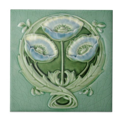 Repro Art Novueau Soft Blue Green Poppies Floral Ceramic Tile