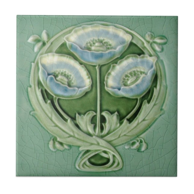 Repro Art Novueau Soft Blue Green Poppies Floral Ceramic Tile (Front)