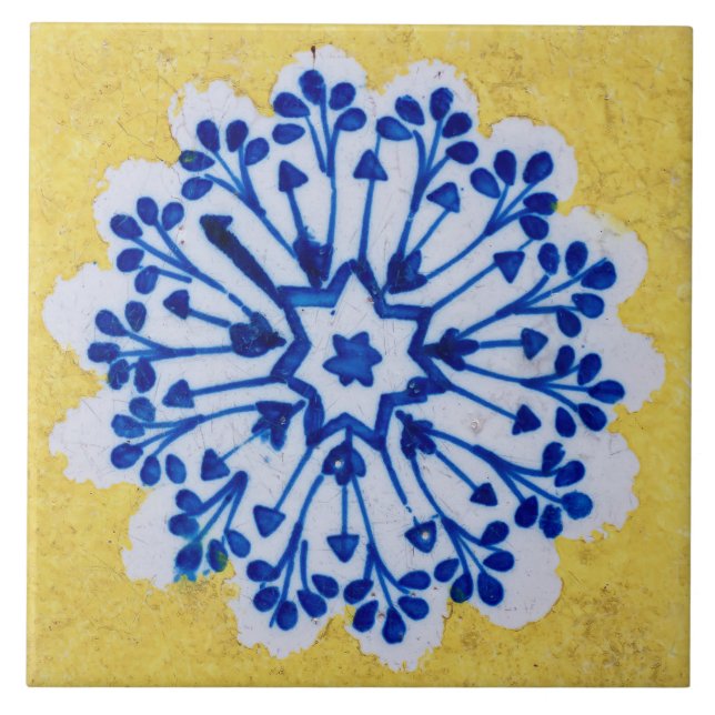 Repro Azulejos Portuguese Floral Yellow Blue White Ceramic Tile (Front)