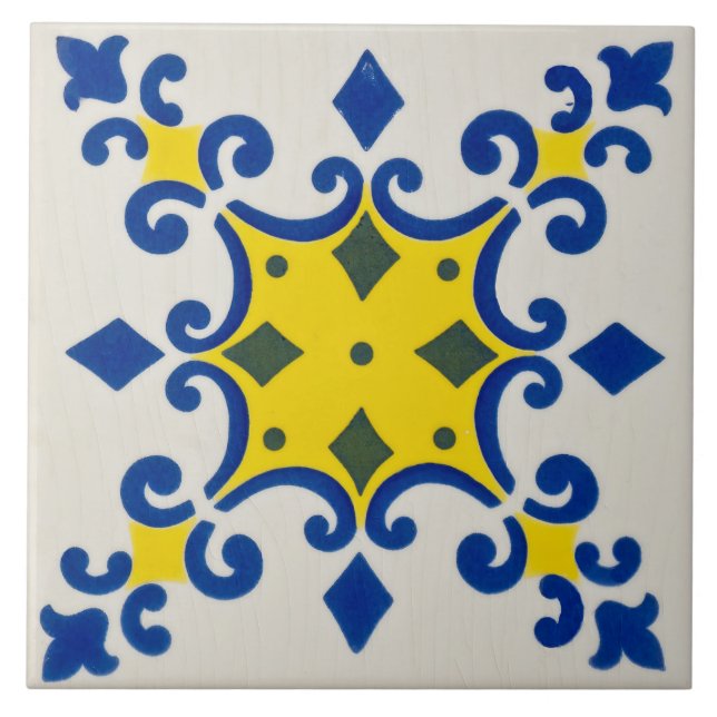 Repro Azulejos Portuguese Geometric Yellow Blue Ceramic Tile (Front)