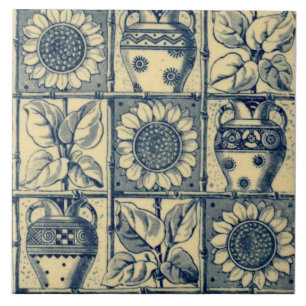 Repro Blue & Buff Sunflowers Urns Bamboo Trellis Ceramic Tile