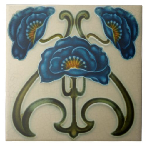 Repro Blue Poppies Art Noveau Ceramic Tile