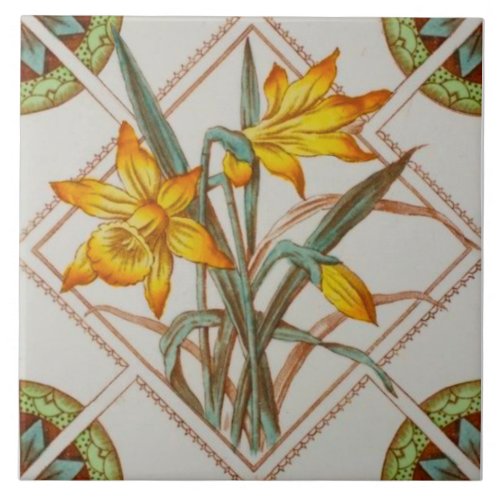 Repro Bright c1900 Daffodils Transferware Ceramic Tile