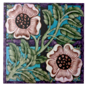 Repro Bright Handpainted De Morgan Rose & Trellis Ceramic Tile