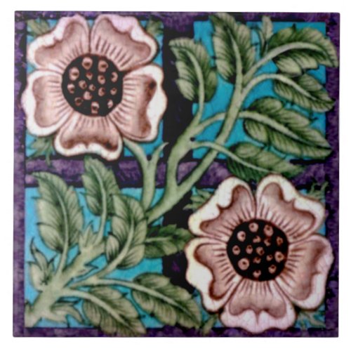 Repro Bright Handpainted De Morgan Rose  Trellis Ceramic Tile