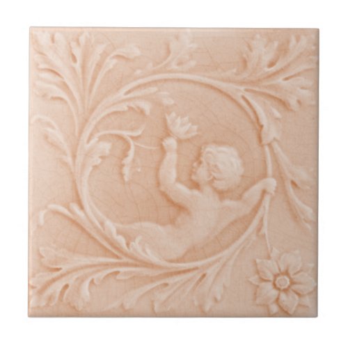 Repro c1880 Minton Faux Relief Cherub Peach Pink Ceramic Tile