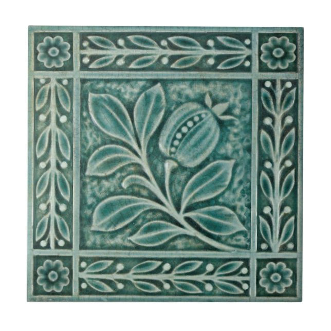 Repro c1900 Teal Majolica Faux Relief Pomegranate Ceramic Tile (Front)