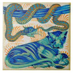 Repro c1900 William De Morgan Jungle Cat & Snake Ceramic Tile