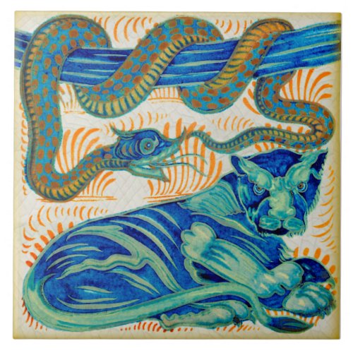 Repro c1900 William De Morgan Jungle Cat  Snake Ceramic Tile