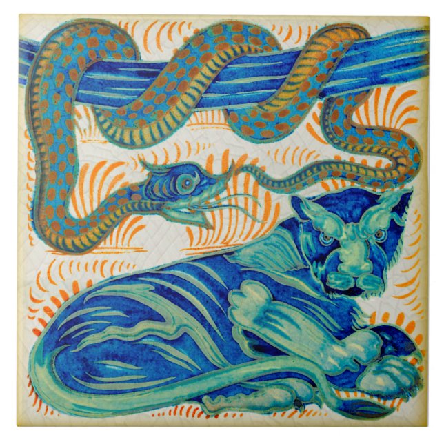 Repro c1900 William De Morgan Jungle Cat & Snake Ceramic Tile (Front)